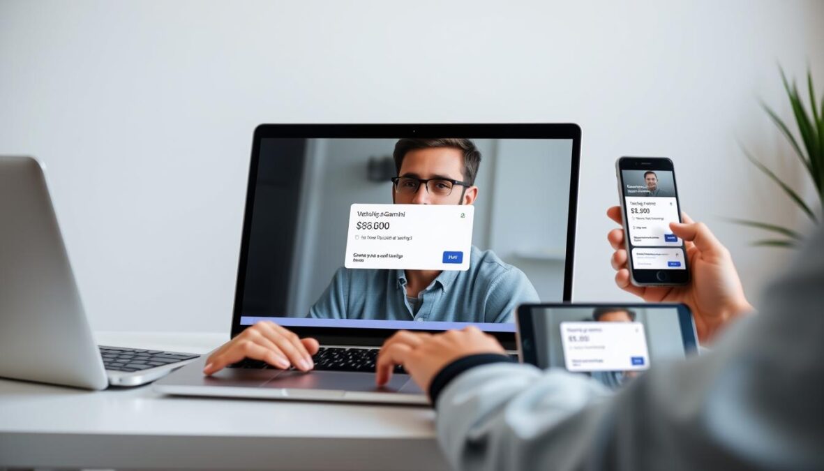 A person using Google Gemini on multiple devices with a promo code being applied