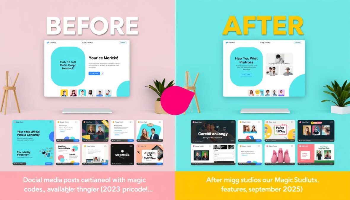 Before and after comparison of designs created with Canva Magic Studio using September 2025 promo codes