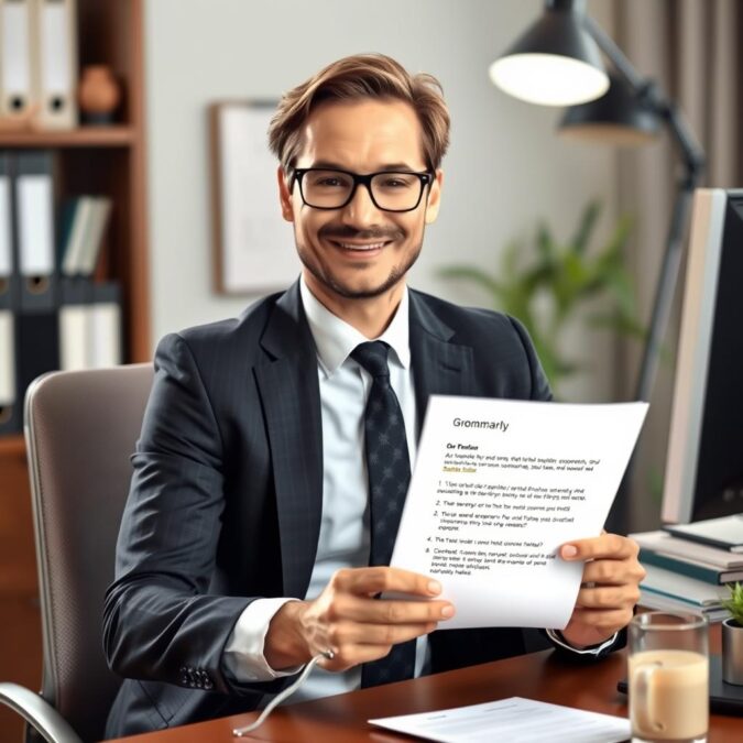 Business professional using Grammarly AI for email communication