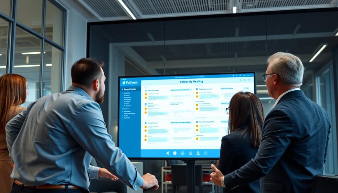 Business team reviewing Fathom Meeting Assistant summaries during a follow-up discussion