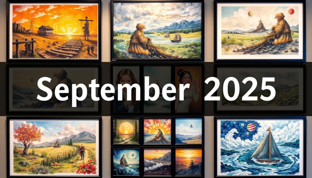 Collection of diverse artwork created with Midjourney featuring September 2025 promotional banner