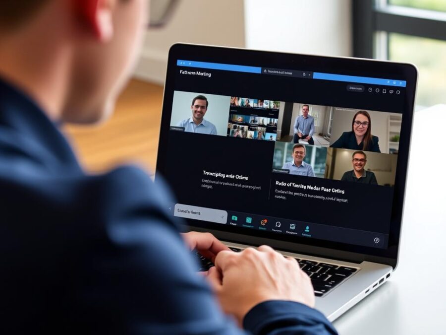 Professional using Fathom Meeting Assistant on laptop during virtual meeting