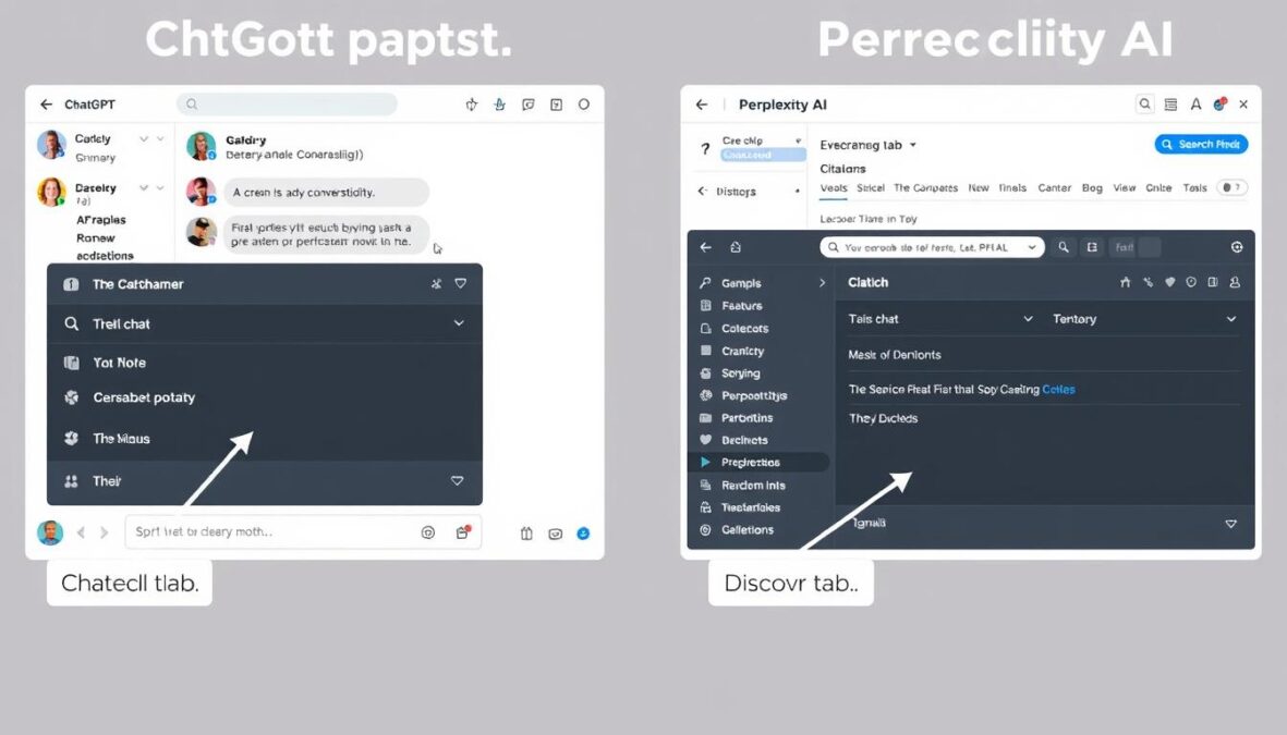 Side-by-side comparison of ChatGPT and Perplexity AI user interfaces highlighting key features