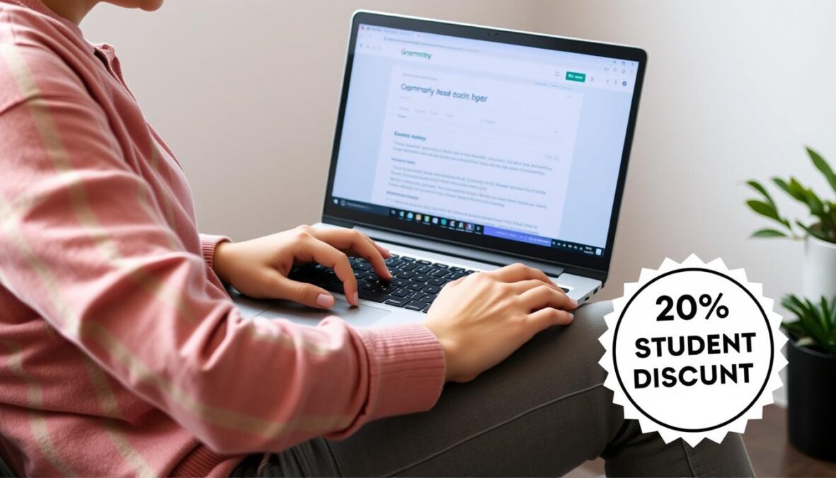 Student using Grammarly AI to edit an academic paper with discount badge