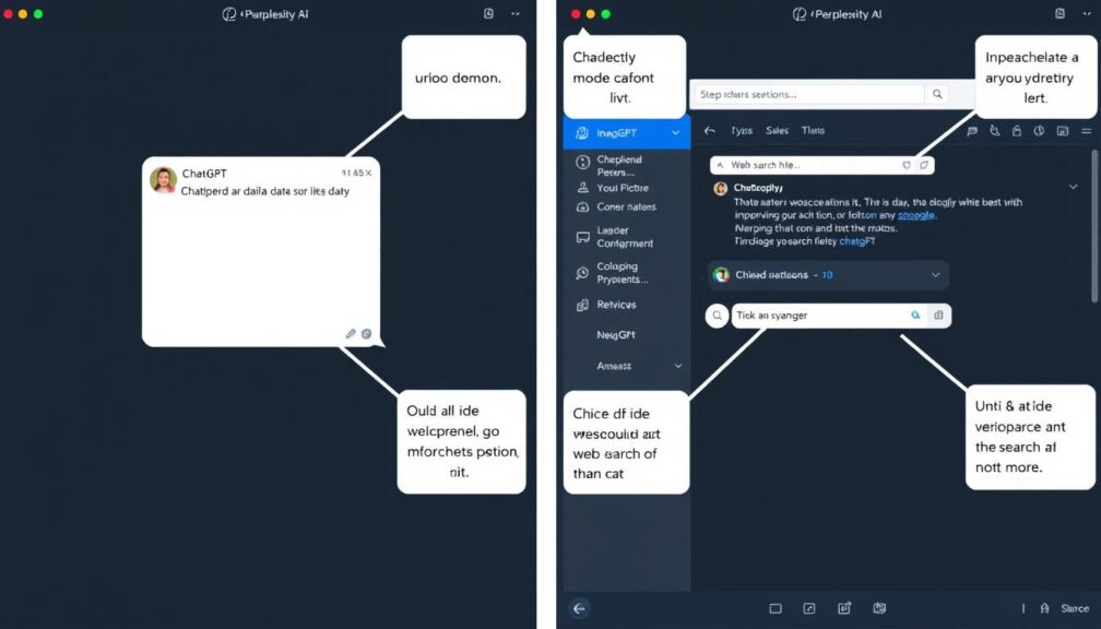Visual comparison of ChatGPT vs Perplexity AI interfaces showing key differences