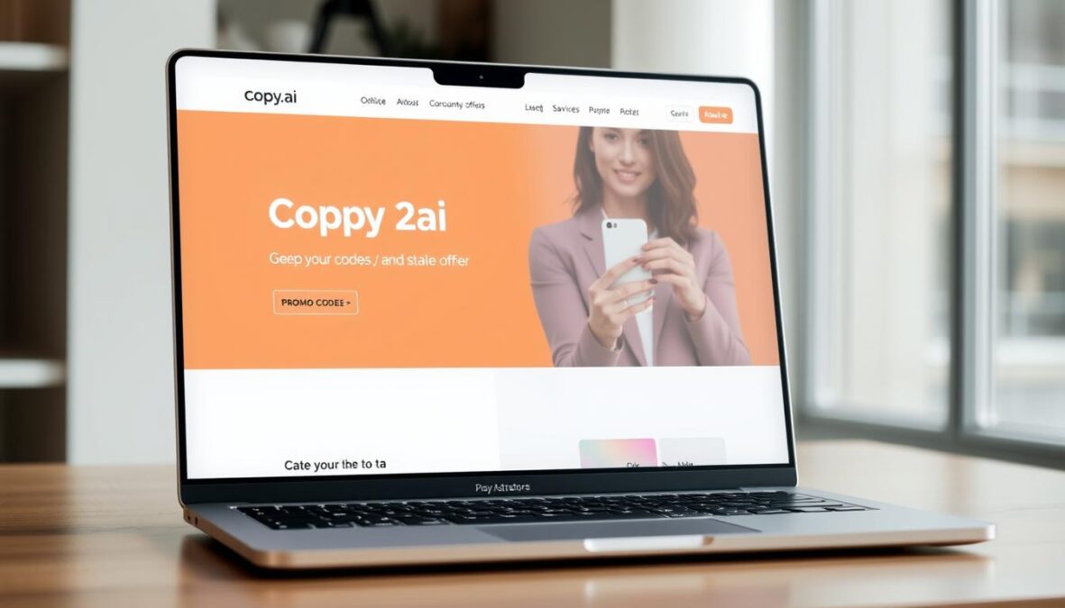 Copy.ai Promo Codes October 2025 showing discount offers on a laptop screen