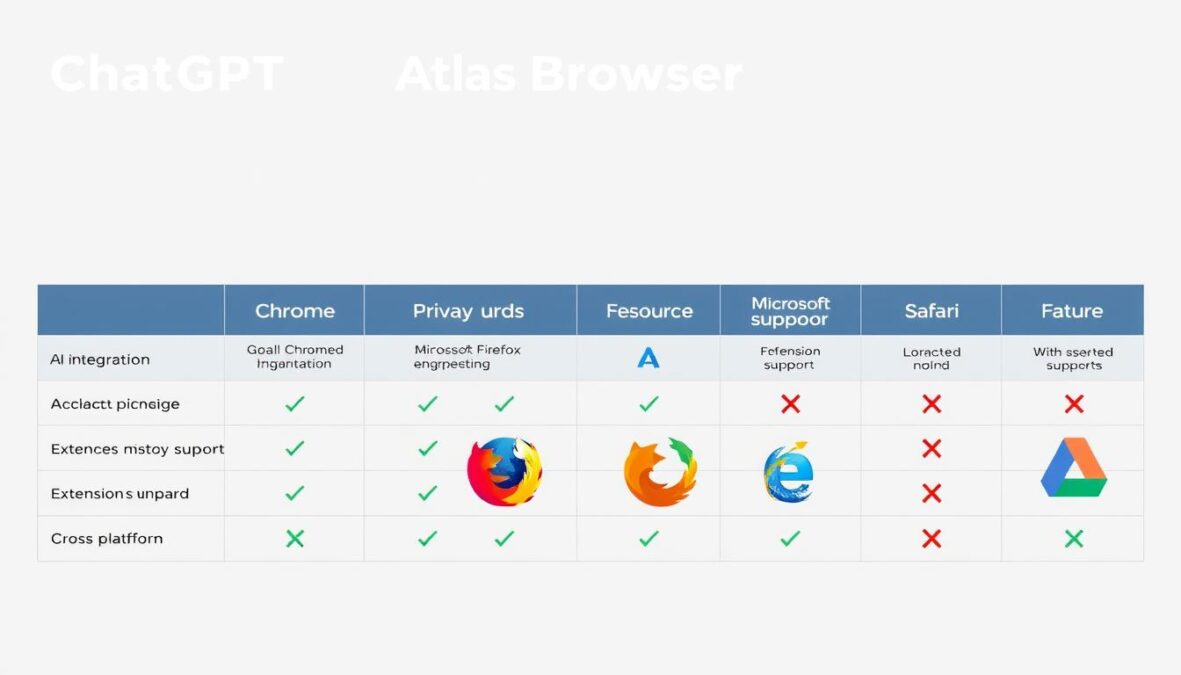Feature comparison between ChatGPT Atlas Browser and other major browsers
