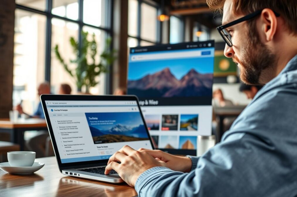 Person using ChatGPT Atlas Browser on a laptop in a coffee shop