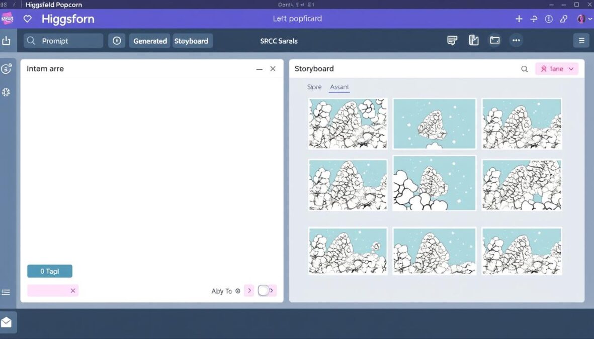 Popcorn higgsfield ai review of the user interface showing prompt input area and generated storyboard frames