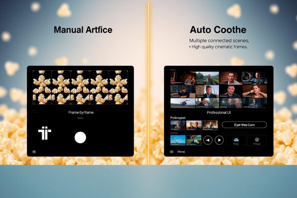 Popcorn higgsfield ai review showing the two main modes: Manual and Auto with sample outputs