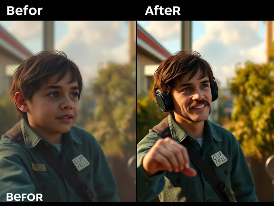 Popcorn's image editing feature showing before and after of character consistency across scenes