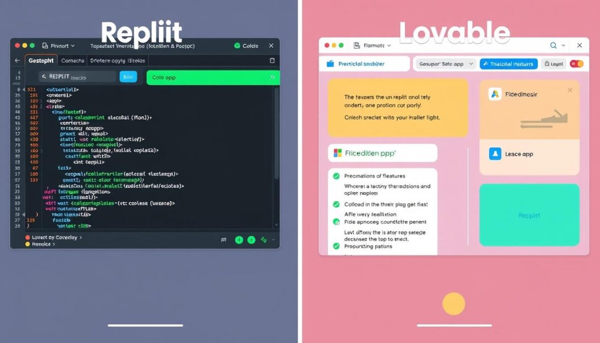 Side-by-side comparison of Replit and Lovable interfaces showing their different approaches to vibe coding