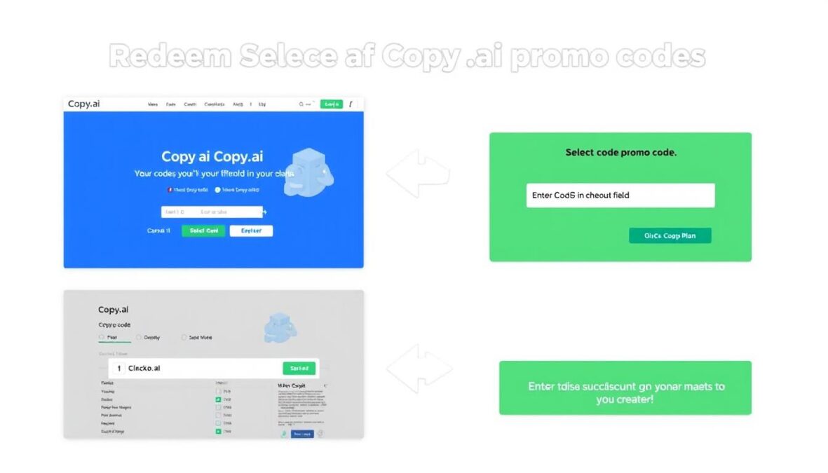 Step-by-step visual guide showing how to redeem Copy.ai promo codes October 2025