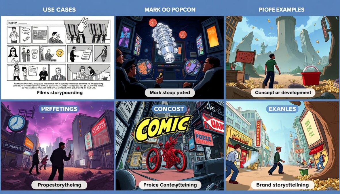Various use cases for Popcorn including storyboarding, marketing, and concept art in a popcorn higgsfield ai review