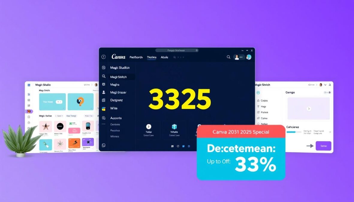 Canva Magic Studio interface showing AI design tools and December 2025 coupon banner
