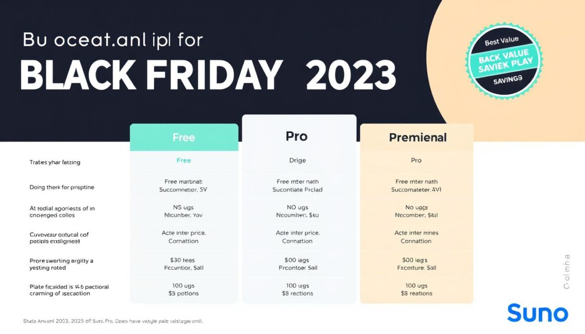 Comparison of Suno AI plan features highlighting Black Friday 2025 value