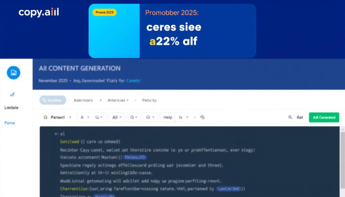 Copy.ai interface showing AI content generation with November 2025 promo code banner