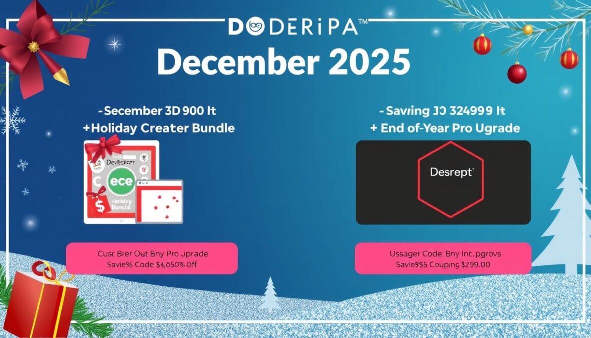 December 2025 seasonal offers for Descript AI with coupon codes displayed