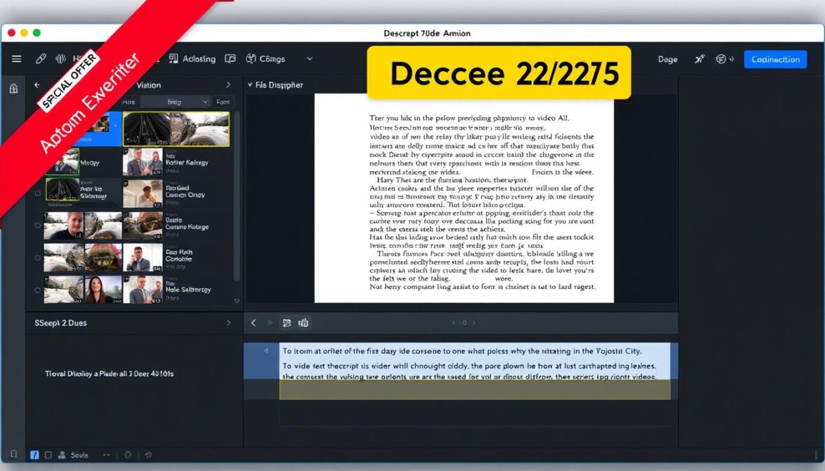 Descript AI interface showing text-based video editing with December 2025 coupon code banner
