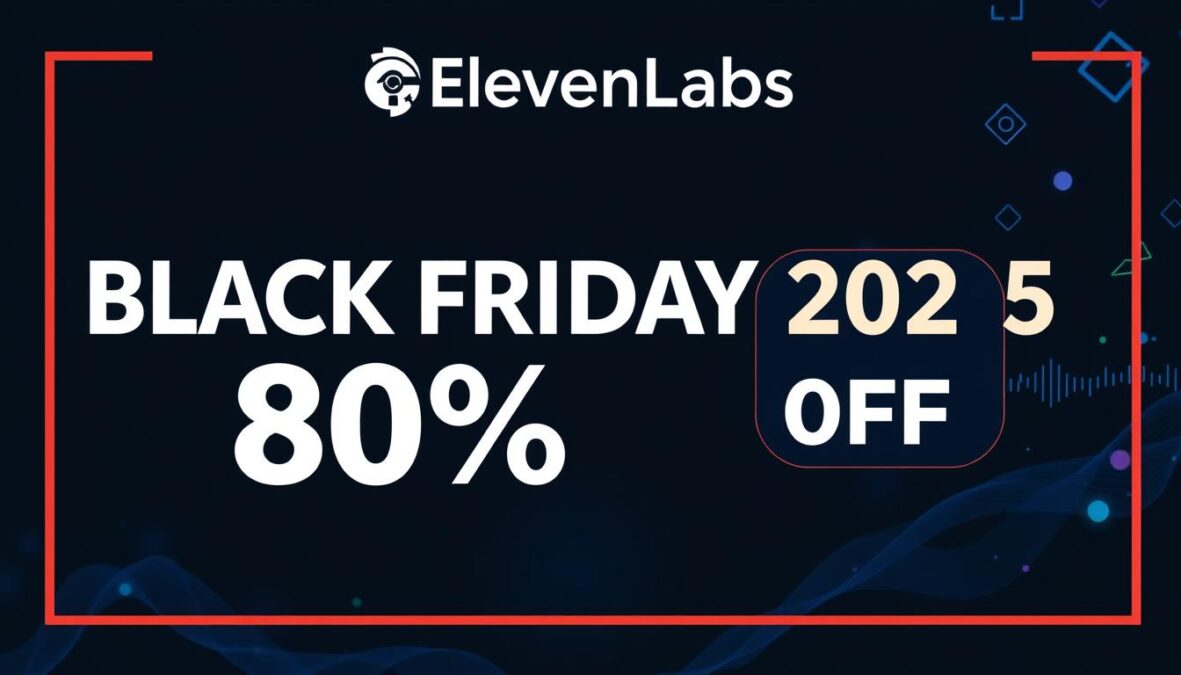 ElevenLabs Black Friday 2025 deal promotional banner showing 80% discount