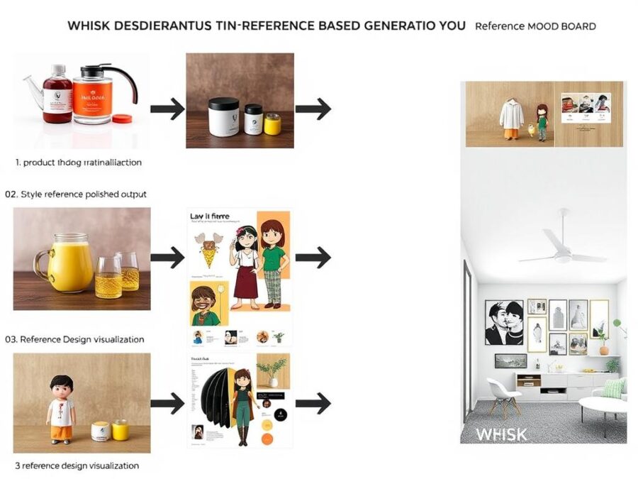 Examples of Whisk creations showing reference images and final outputs