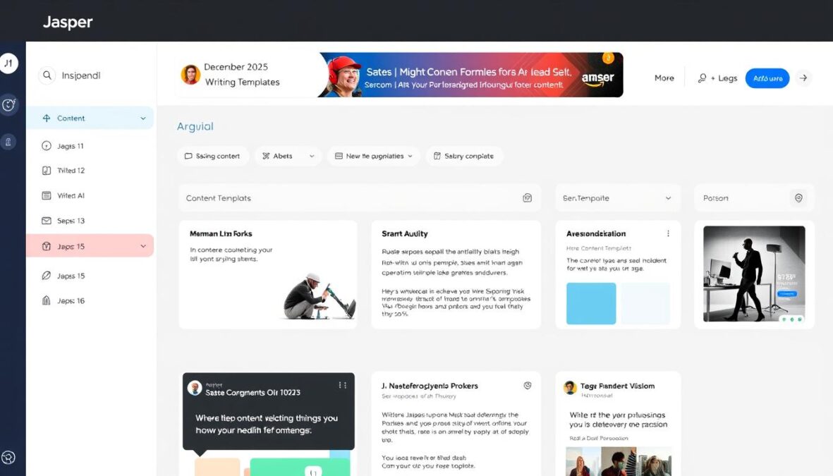 Jasper AI dashboard showing content creation features and December 2025 promo code banner