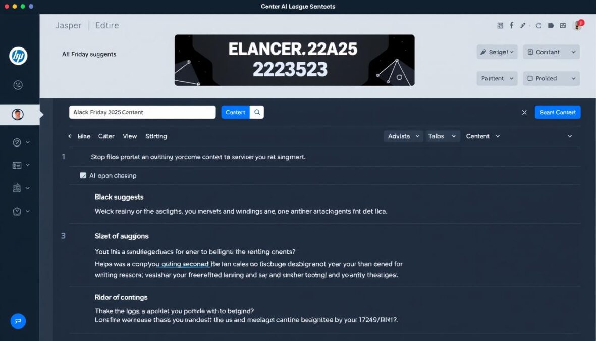 Jasper AI dashboard showing content generation interface with Black Friday 2025 Deal banner