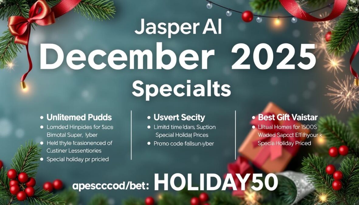Jasper AI holiday promotion banner for December 2025 showing special promo code offers