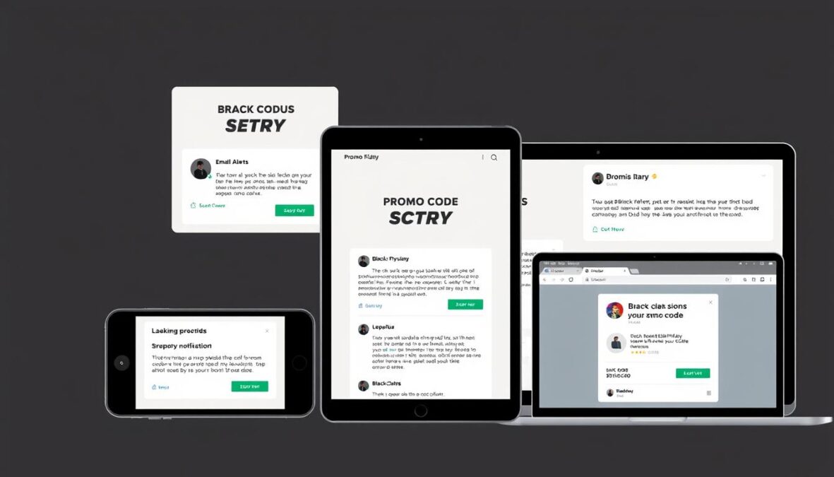 Multiple devices showing Black Friday 2025 promo code alerts and notifications