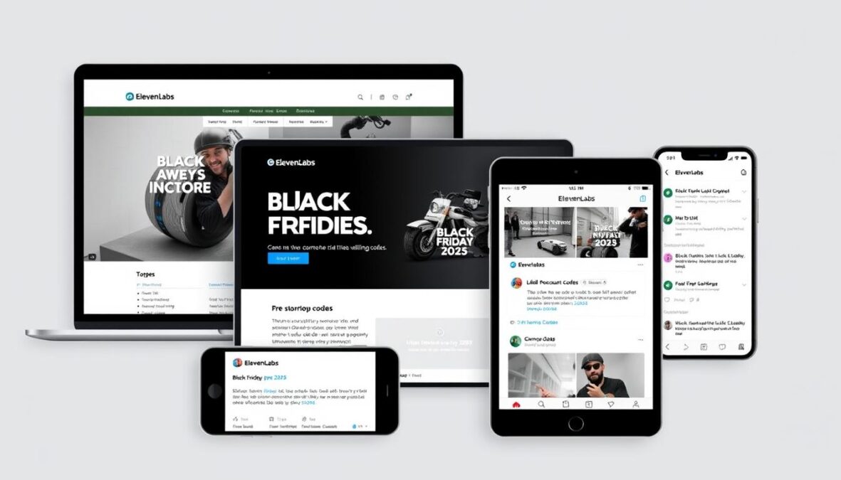Multiple devices showing ElevenLabs website, email newsletter, and social media with promo code announcements