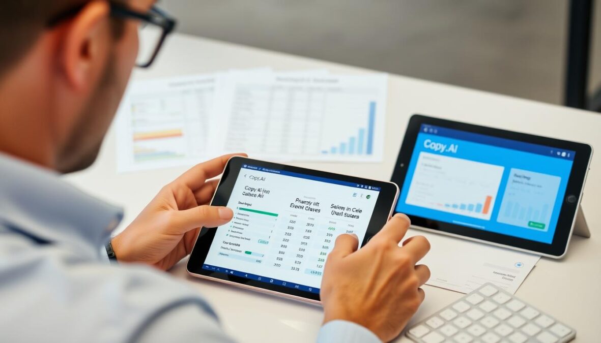 Person analyzing Copy.ai plans and savings on multiple devices