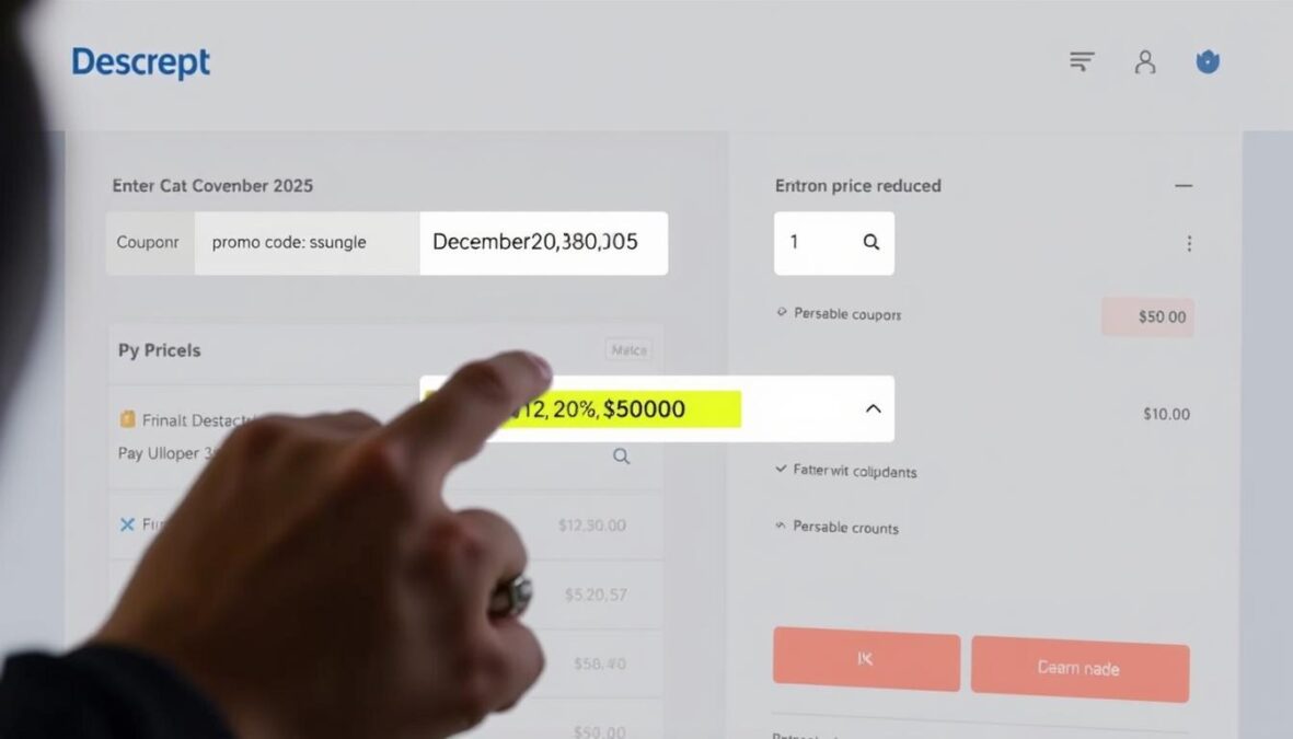 Person applying Descript AI coupon code December 2025 at checkout screen