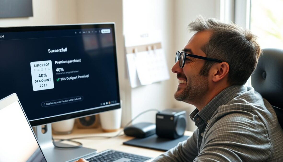 Person celebrating after successfully applying a QuillBot discount code