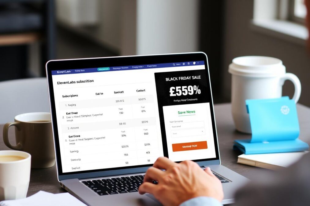 Person comparing ElevenLabs subscription options on laptop during Black Friday sale