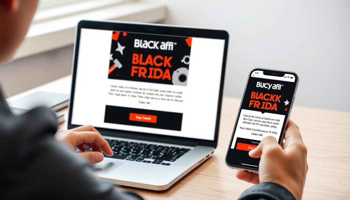 Person receiving Copy.ai Black Friday email notification on laptop and smartphone