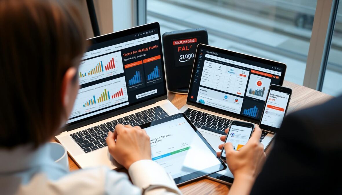 Person researching AI tools Black Friday December 2025 deals on multiple devices