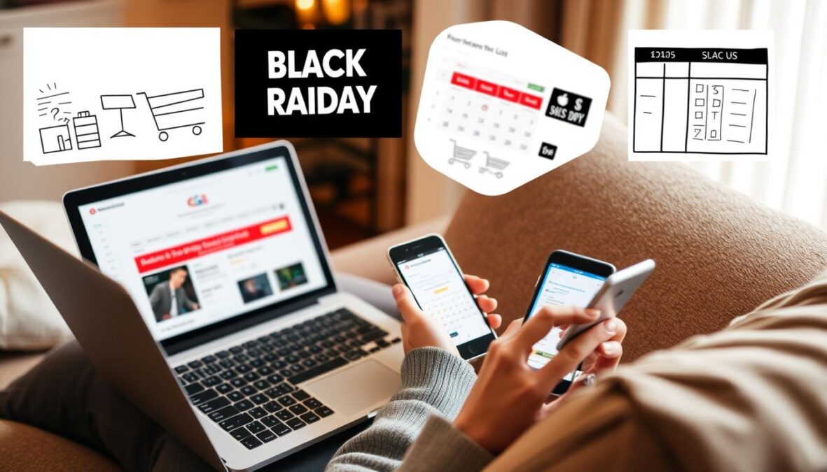 Person reviewing Black Friday 2025 promo codes on multiple devices
