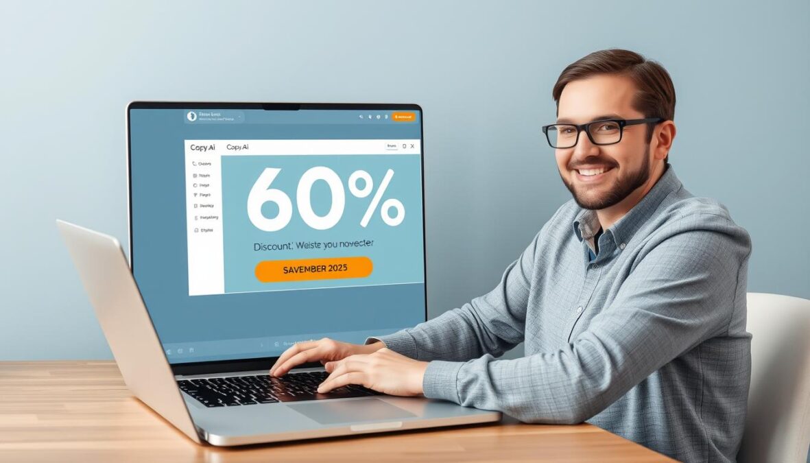 Person using Copy.ai with a 60% discount banner for November 2025 promo code