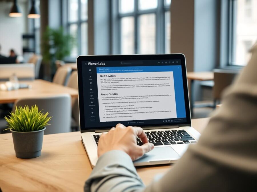 Person using ElevenLabs on laptop with FAQ document visible