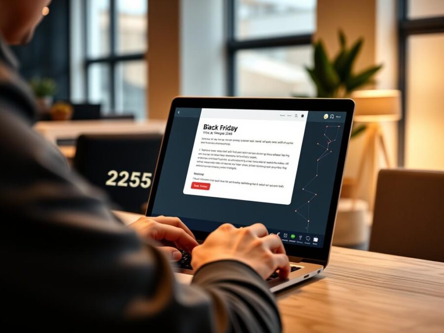 Person using Jasper AI on laptop with Black Friday 2025 Deal notification visible