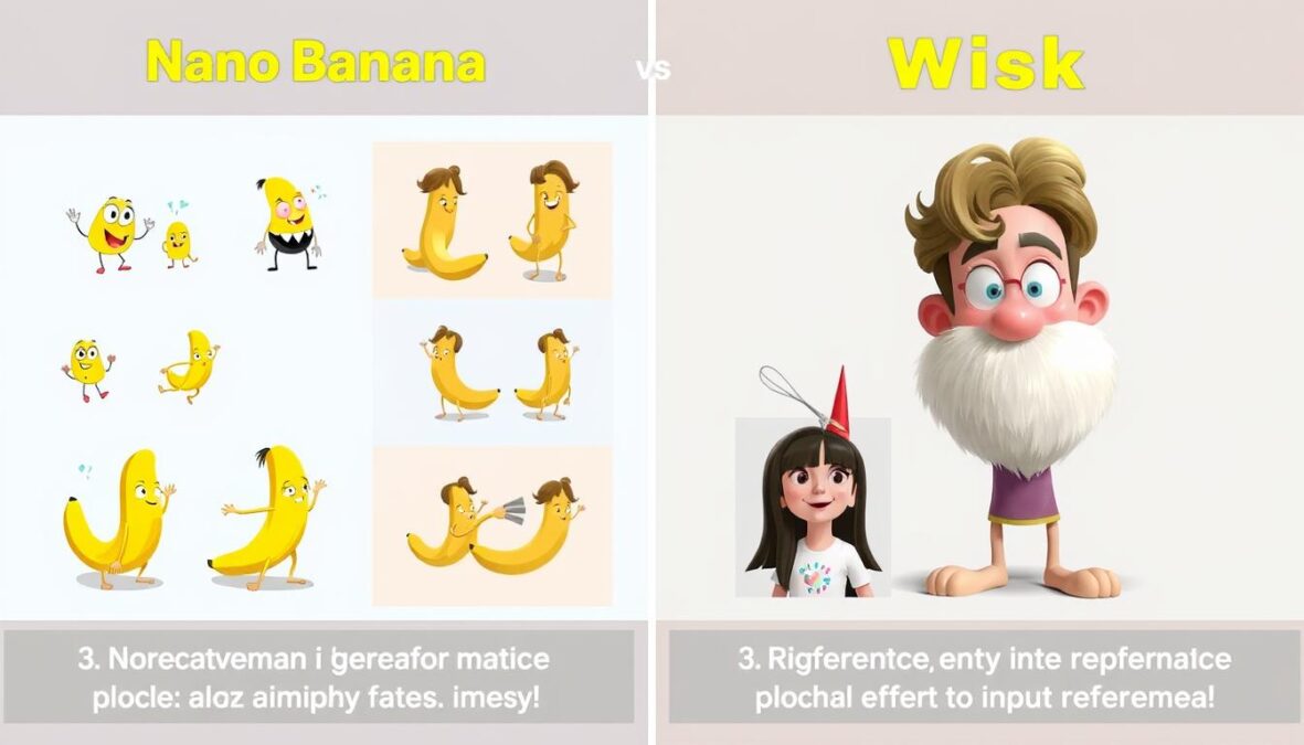 Side-by-side comparison of images created with Nano Banana vs Whisk showing their different capabilities