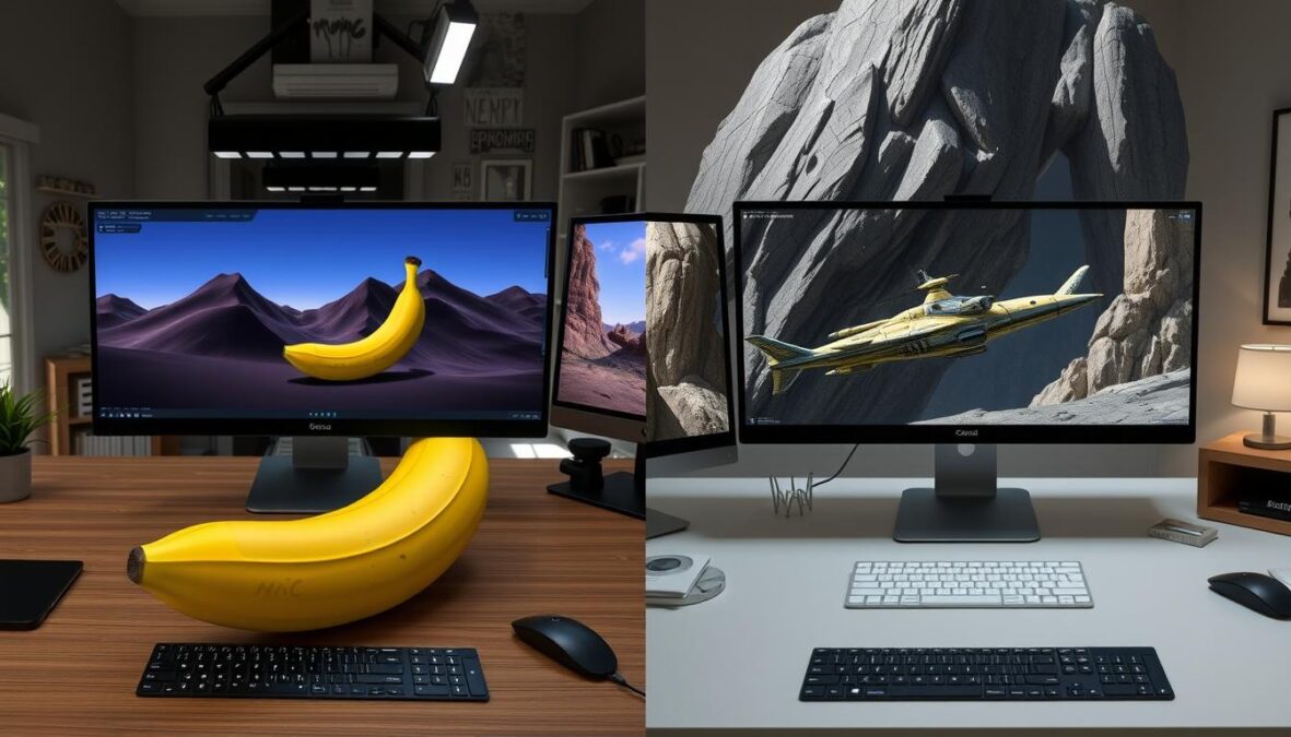 Split screen showing Nano Banana Pro and Midjourney being used for different creative tasks