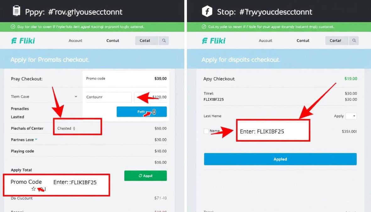 Step-by-step guide showing how to apply the Fliki Black Friday 2025 promo code at checkout