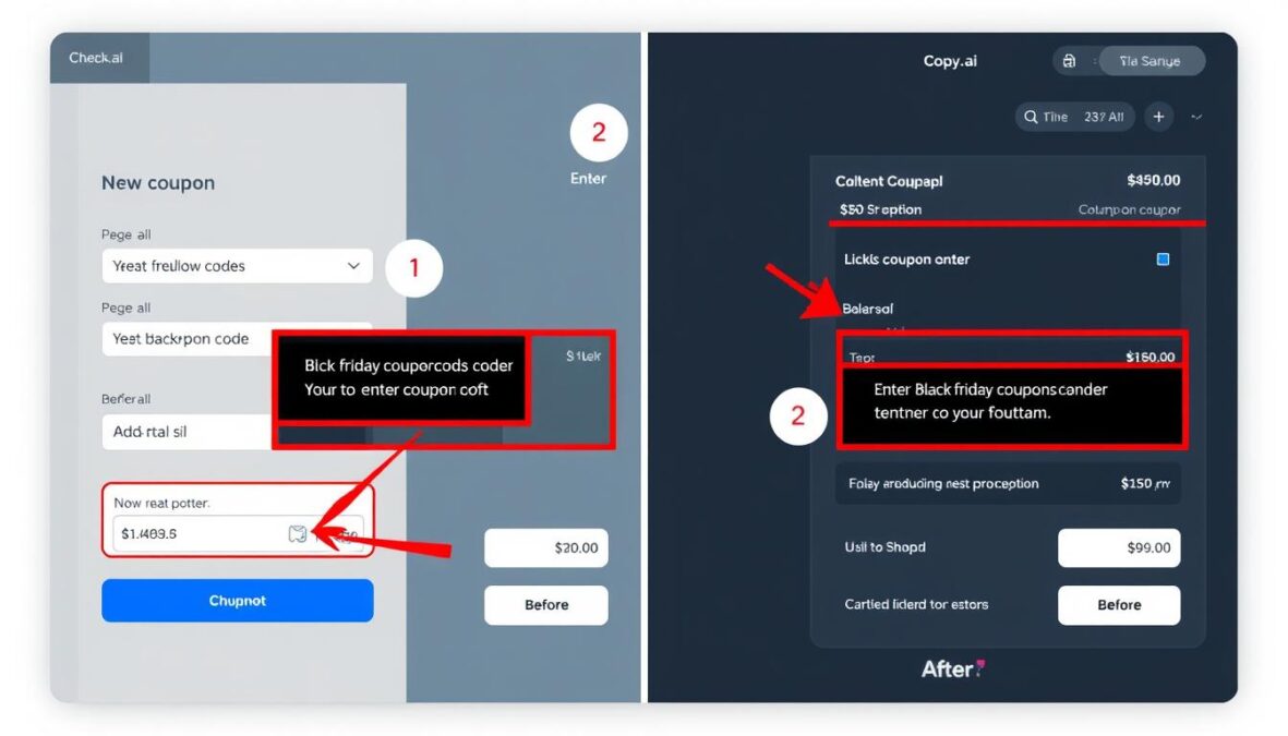 Step-by-step visual guide showing how to apply Copy.ai Black Friday coupon code