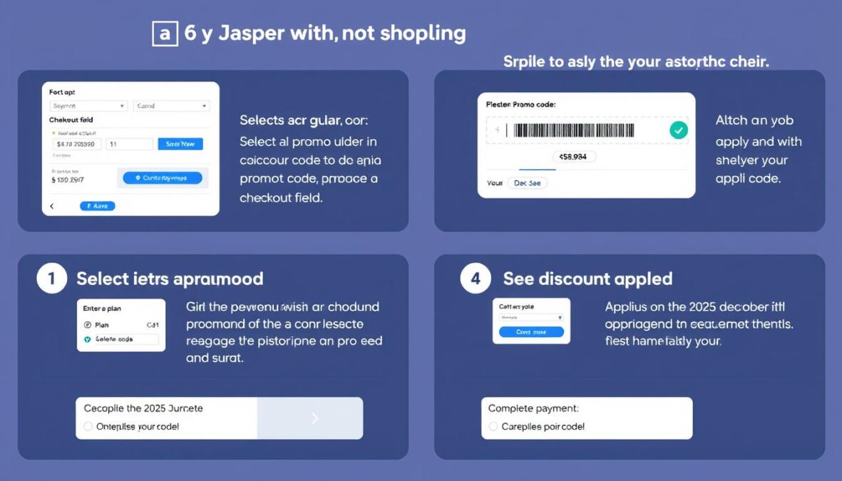 Step-by-step visual guide showing how to apply Jasper AI promo code December 2025