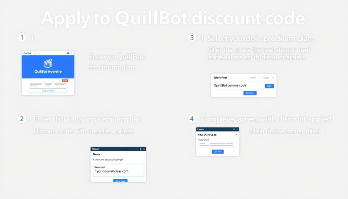 Step-by-step visual guide showing how to apply a QuillBot discount code during checkout