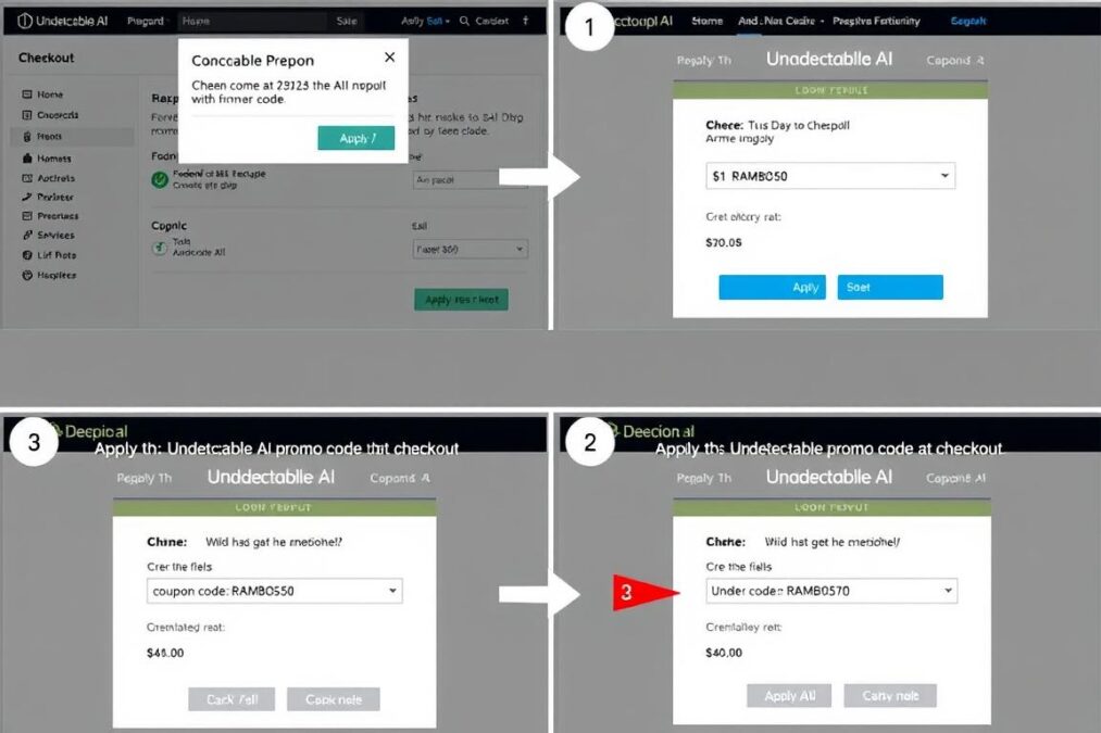 Step-by-step visual guide showing how to apply an Undetectable AI promo code at checkout