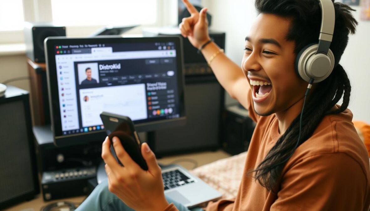 Student musician celebrating successful music release with DistroKid