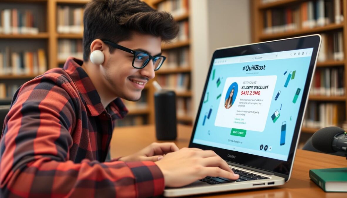 Student using QuillBot with student discount promotion visible