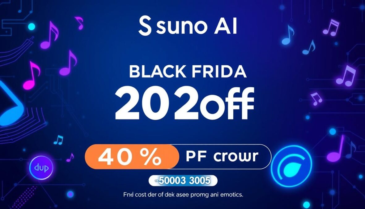Suno AI Black Friday 2025 promo code discount visualization showing 40% off